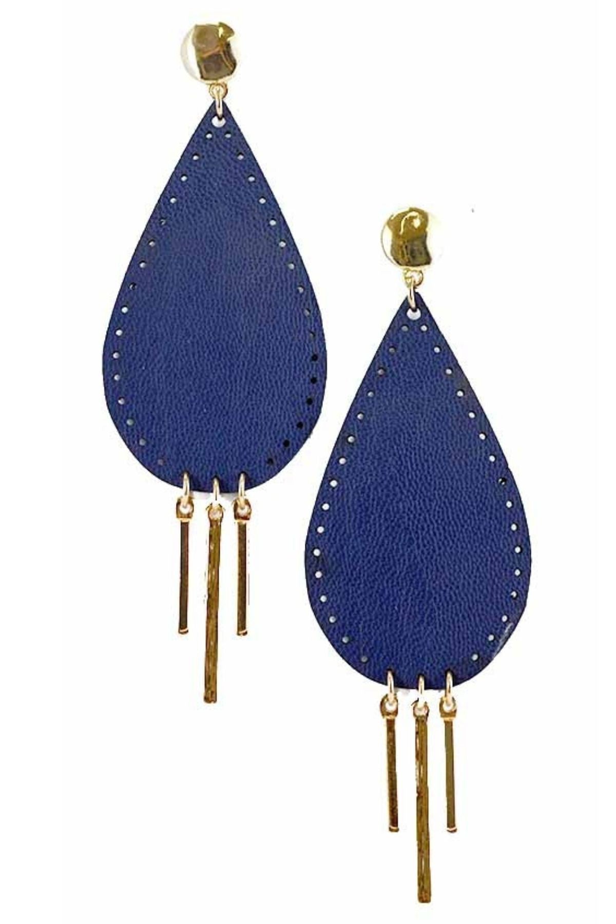 Stylish faux leather teardrop earrings with bar dangle, showcasing a modern design.