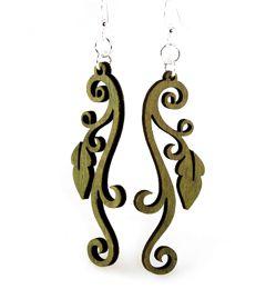 Leaves on Vine Earrings #1324 in Apple Green, showcasing intricate laser-cut wood design and silver-finished ear wires.