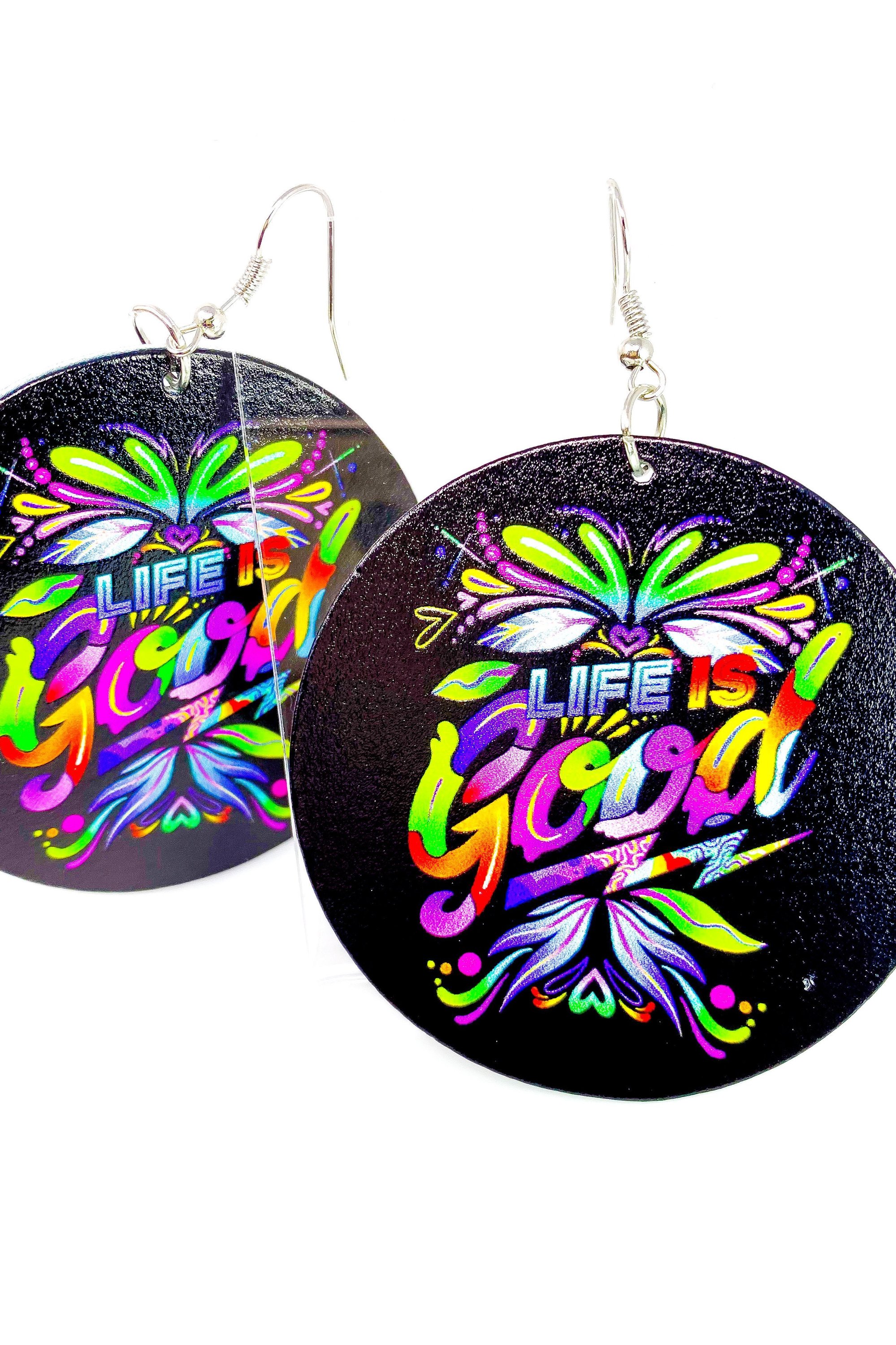 Life Is Good Hoops - Handmade wooden hoop earrings in black, pink, and green with brass ear hooks.