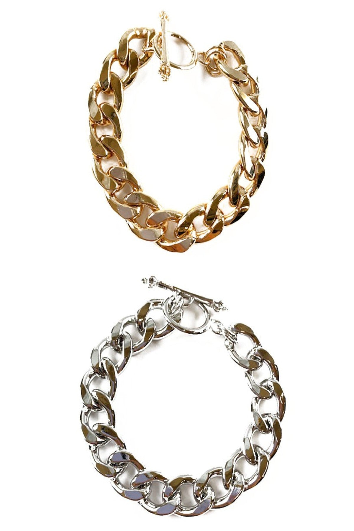 A stylish double plated link chain bracelet with a toggle clasp, showcasing its elegant design and comfortable fit.