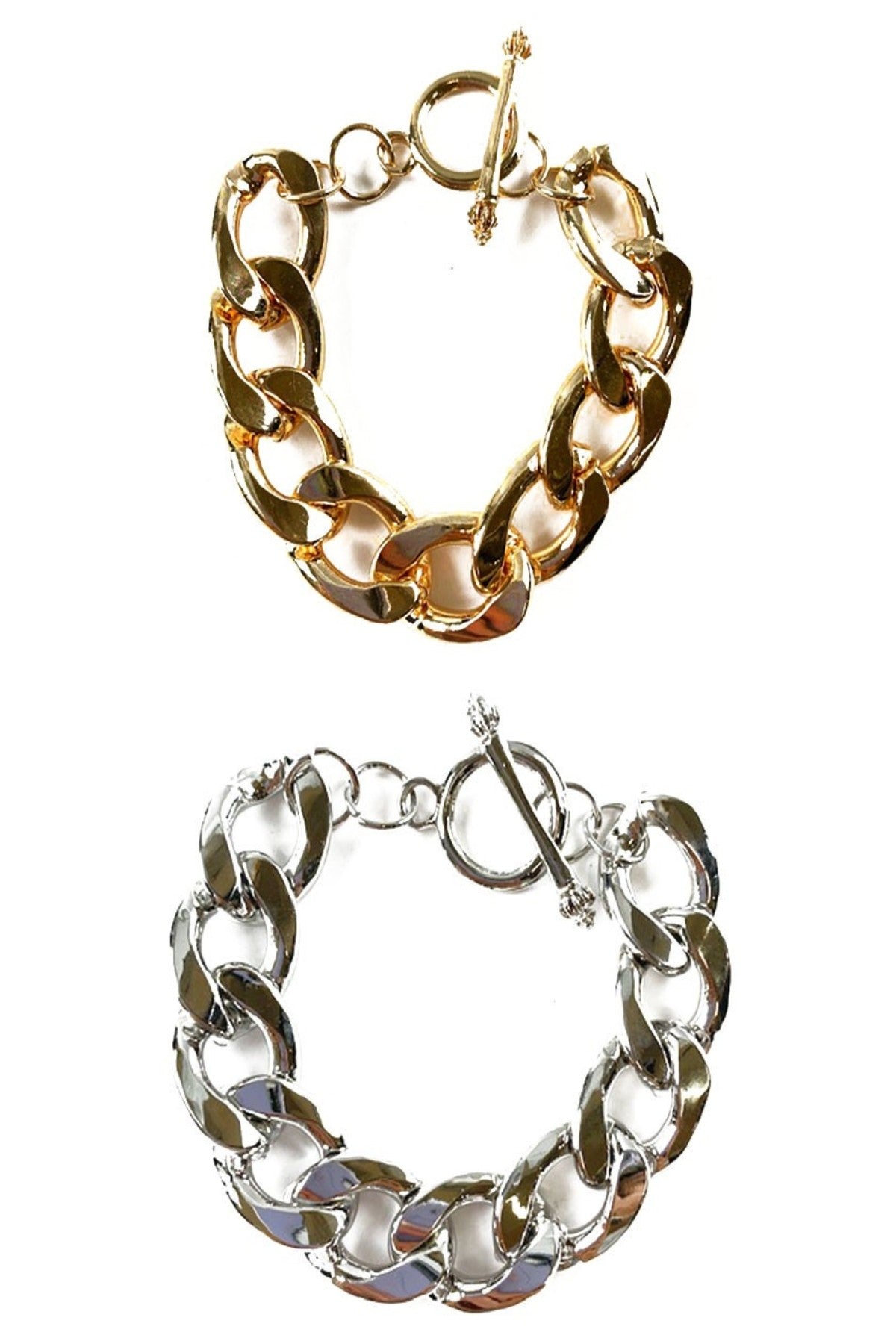 A stylish LINK CHAIN BRACELET featuring an extra thick chain, double plating, and a secure toggle clasp, measuring 8 1/2 inches in length.