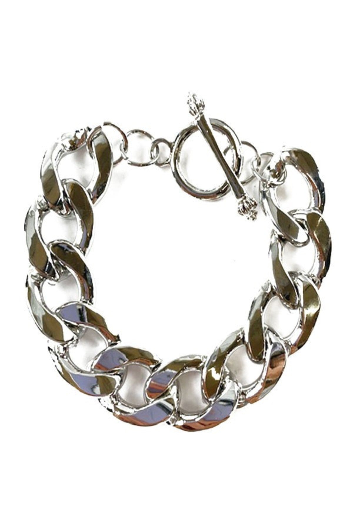 A stylish LINK CHAIN BRACELET featuring an extra thick chain, double plating, and a secure toggle clasp, measuring 8 1/2 inches in length.