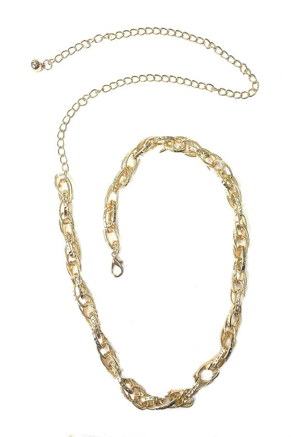 A stylish LINK ROUND CHAIN BELT featuring a round link design and a lobster claw clasp, perfect for enhancing any outfit.