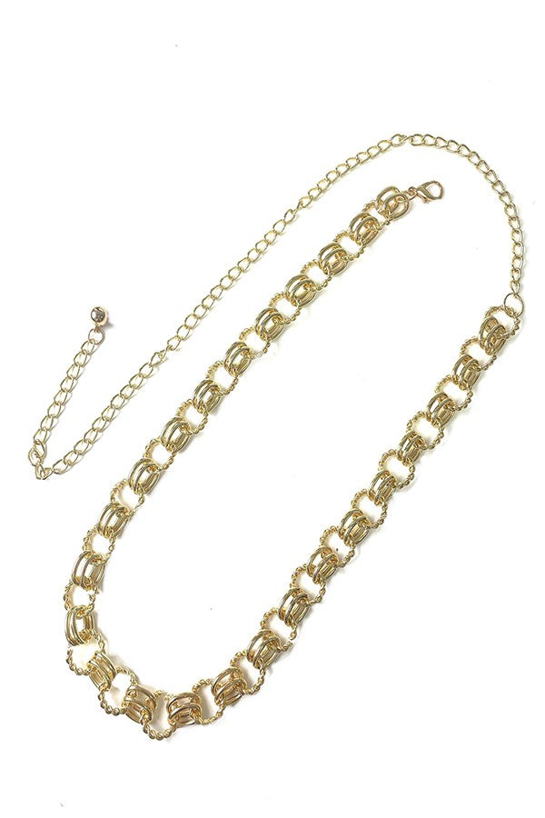 A stylish LINK ROUND CHAIN BELT featuring a shiny link design, lobster claw clasp, and adjustable extender for a perfect fit.