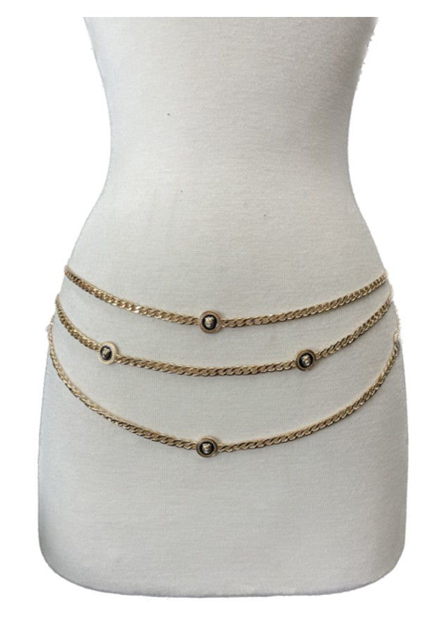 Lion Accent Chain 3 Layered Belt featuring a stylish design with a lobster claw clasp and adjustable length.