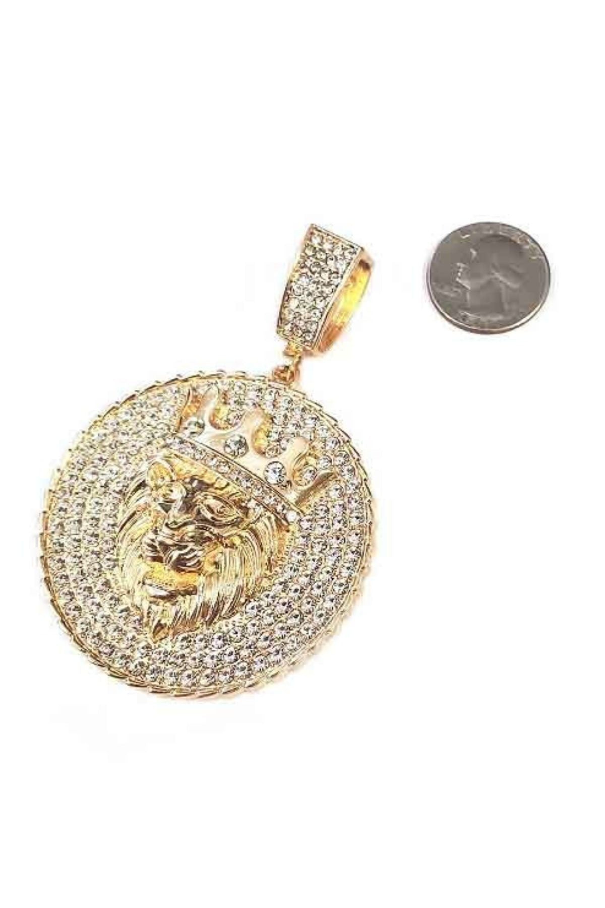 A stylish lion pendant on a stone Cuban chain necklace, showcasing intricate details and vibrant accents.