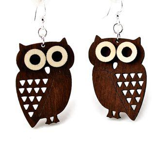 A pair of Little Hoot Owl Earrings made from sustainably sourced wood, featuring a charming owl design with silver-finished hypoallergenic ear wires.