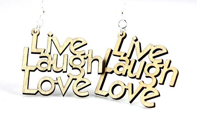 Live Laugh Love Earrings made from sustainably sourced wood, featuring a natural wood finish and silver-finished stainless steel ear wires.