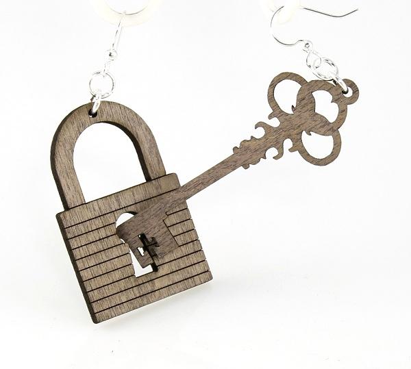 Lock and Key Earrings made from sustainably sourced wood, featuring a unique design with silver-finished hypoallergenic ear wires.