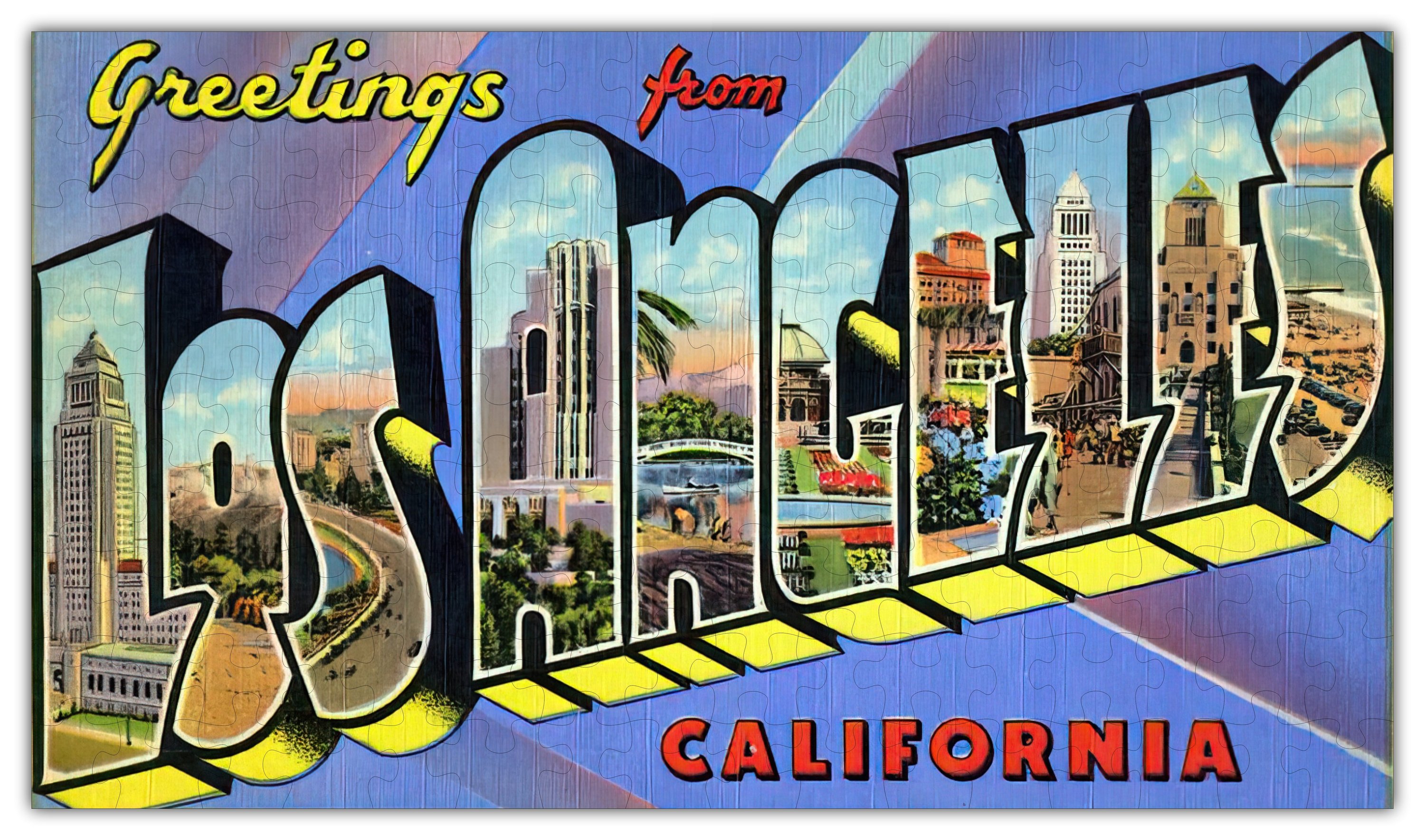 Los Angeles Puzzle featuring 303 pieces, crafted from birch wood or recycled paper, showcasing a vibrant city skyline.