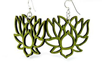 Lotus Earrings #1380 made from sustainably sourced wood, featuring a vibrant Apple Green color and silver-finished stainless steel ear wires.