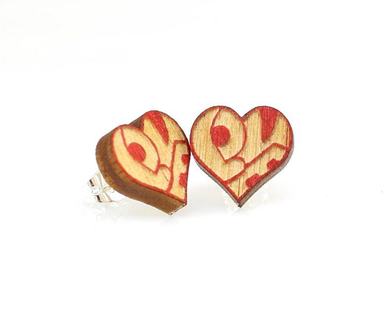 LOVE Heart Stud Earrings #3010 made from sustainably sourced wood, featuring a heart shape and silver plated brass earstuds.