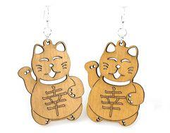 A pair of Lucky Cat Earrings #1316 made from sustainably sourced wood, featuring a Tan color and hypoallergenic silver-finished ear wires.