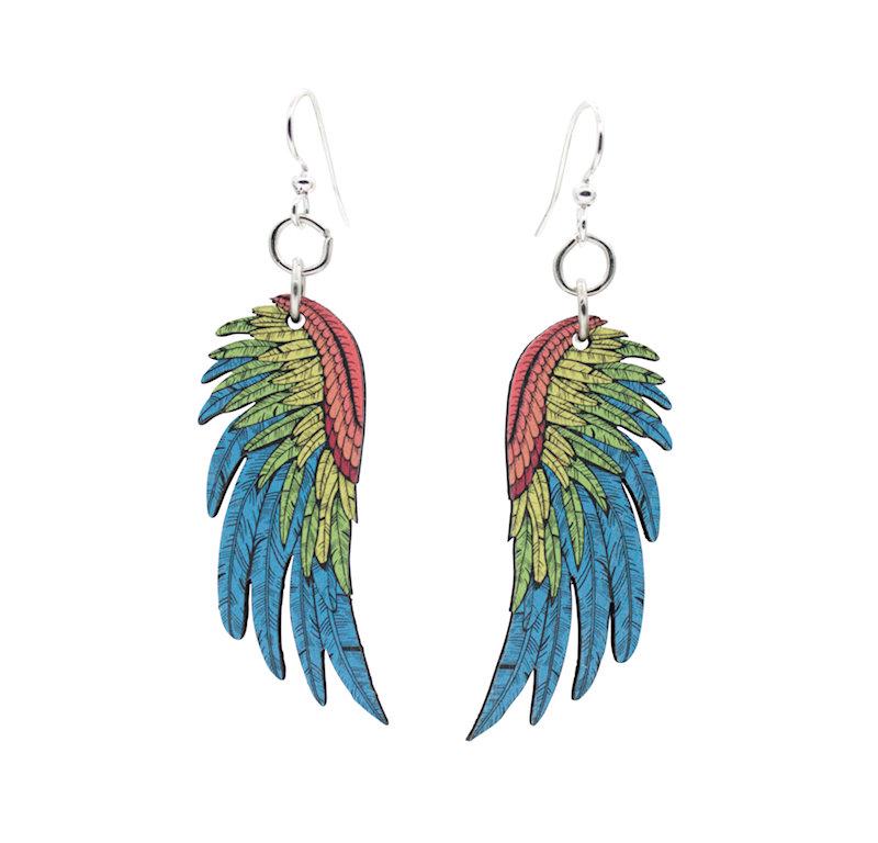 Macaw Wing Earrings #1666 made from sustainably sourced wood with silver-finished stainless steel ear wires, showcasing a vibrant wing design.