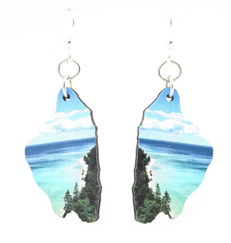 Mackinac Island Earrings featuring laser-cut wood design and photography by Shelsey Mleko, showcasing the island's beauty.