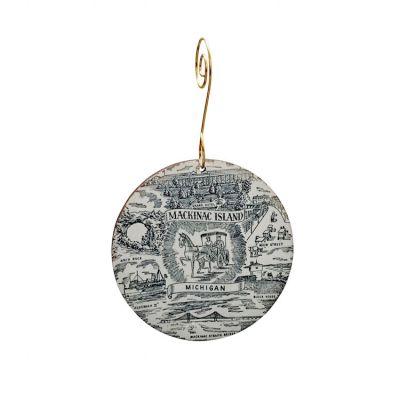 Mackinac Island Map Ornament made from eco-friendly birch wood or recycled paper, featuring a detailed map design.