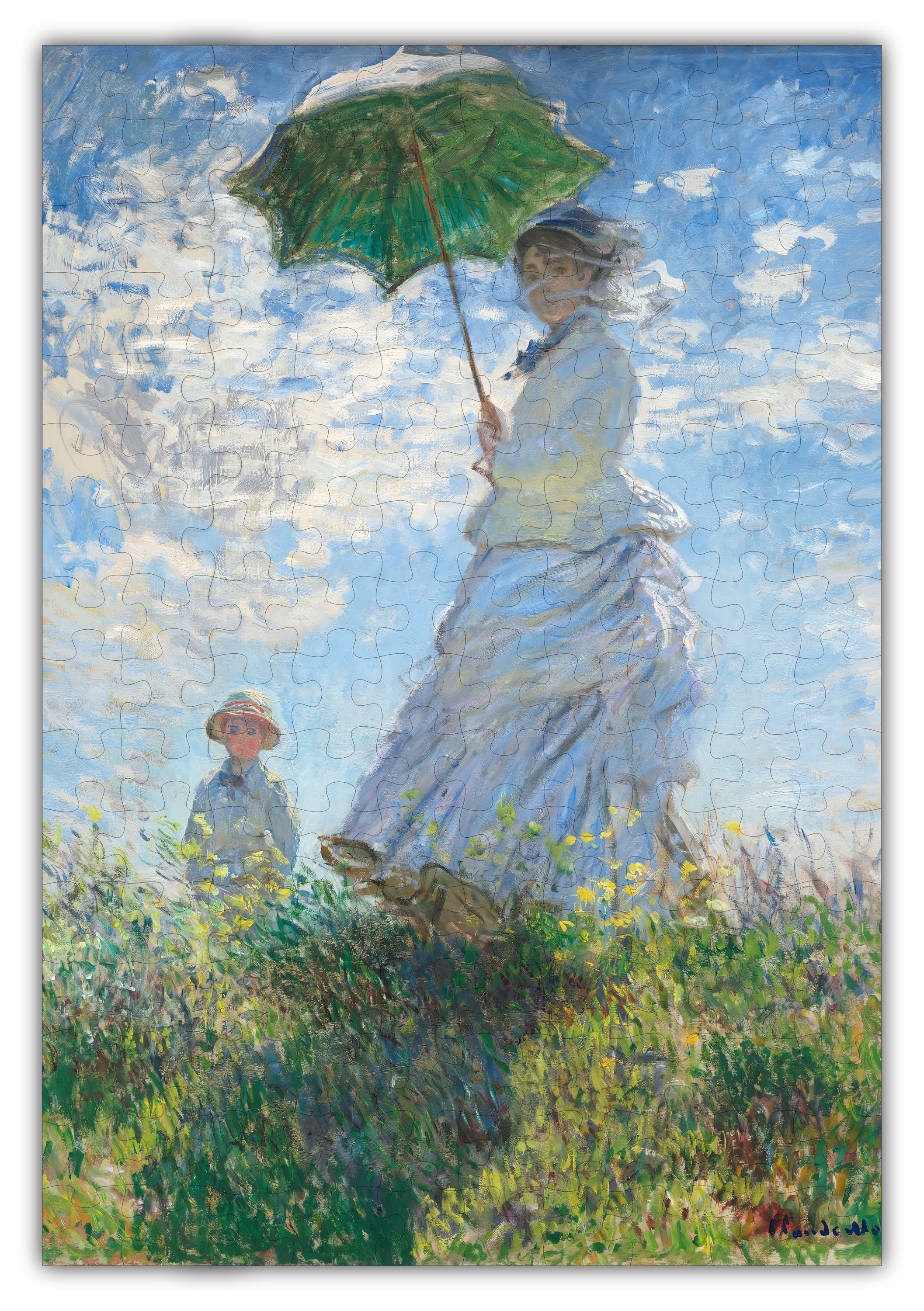 Madame Monet & Son Puzzle featuring 303 precision-cut pieces in a cardboard box with burlap bag, showcasing vibrant artwork.