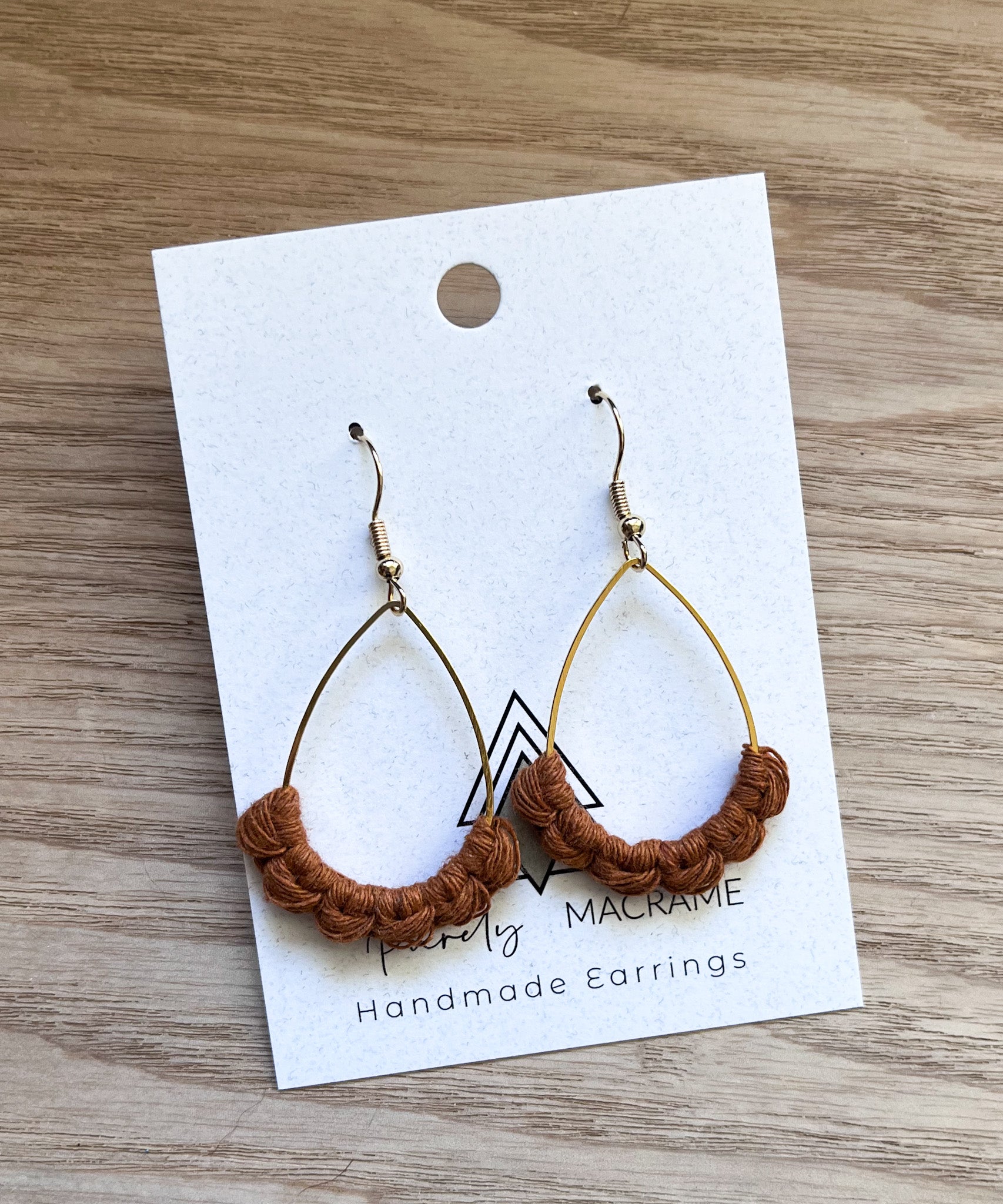 Elegant Maple Gold Teardrop earrings made from 100% macrame cotton, showcasing a lightweight and stylish design.