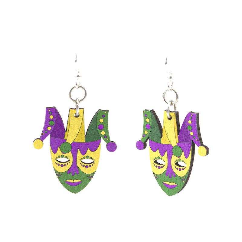 Colorful Mardi Gras mask earrings made from sustainably sourced wood, featuring a laser-cut design and silver-finished hypoallergenic ear wires.