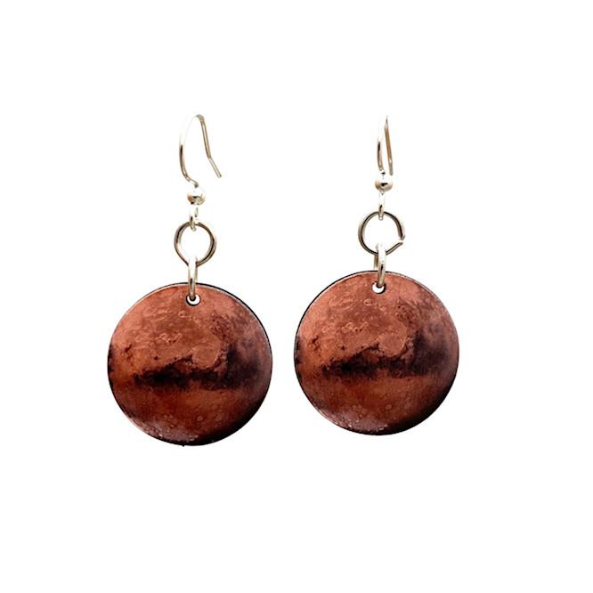 Mars Earrings #T095 featuring laser-cut wood design with a natural wood back and hypoallergenic silver-finished ear wires.