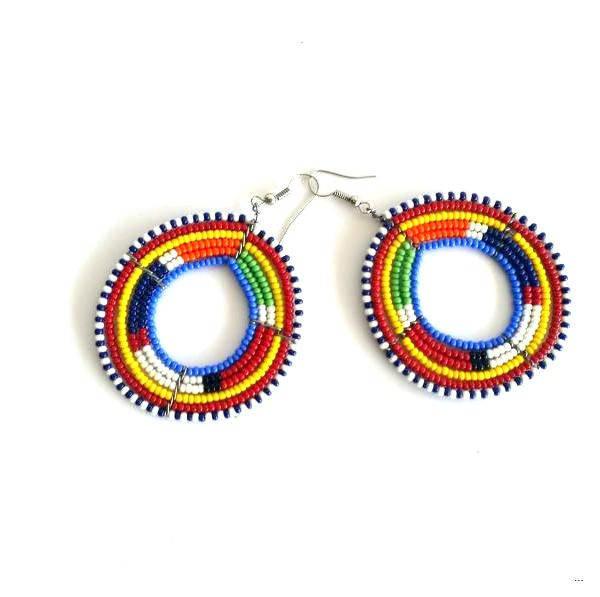 A pair of traditional Maasai beaded earrings in round blue, showcasing intricate handmade designs and vibrant colors.