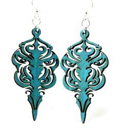 Teal Mask Earrings #1105 made from sustainably sourced wood with silver-finished stainless steel ear wires.