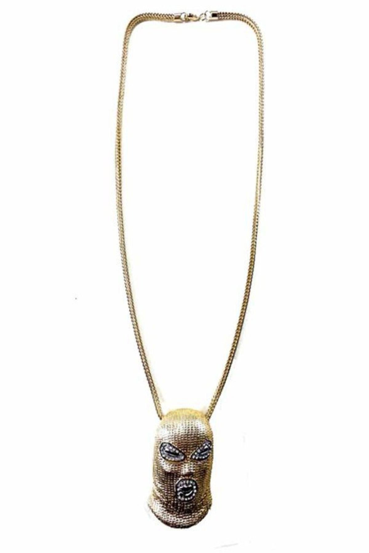 A stylish MASK PENDANT NECKLACE featuring a unique mask design, approximately 23 inches long with a pendant size of 2.1/8" x 3".