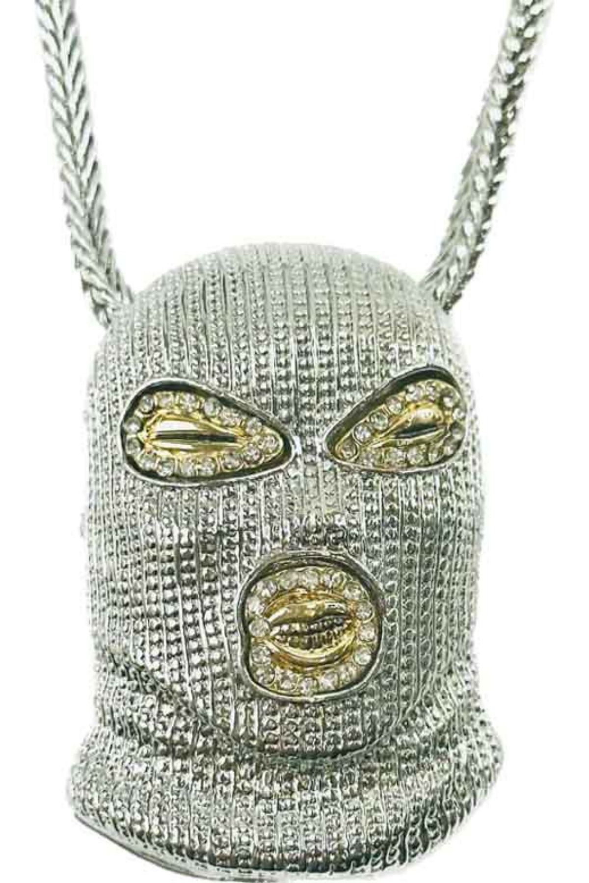 A stylish MASK PENDANT NECKLACE featuring a unique mask design, approximately 23 inches long with a pendant size of 2.1/8" x 3".