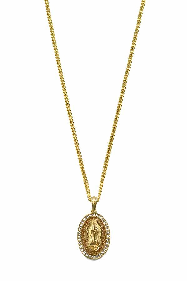 Elegant Medal Pendant Necklace with oval crystal detail, featuring a 1.75" x 1" pendant and 30" length chain.