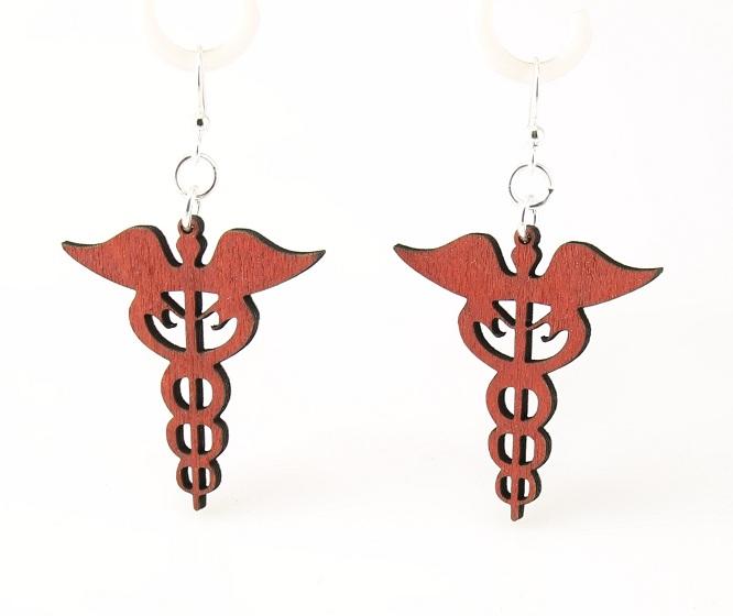 A pair of vibrant Tangerine Medical Symbol Earrings made from sustainably sourced wood with silver-finished stainless steel ear wires.