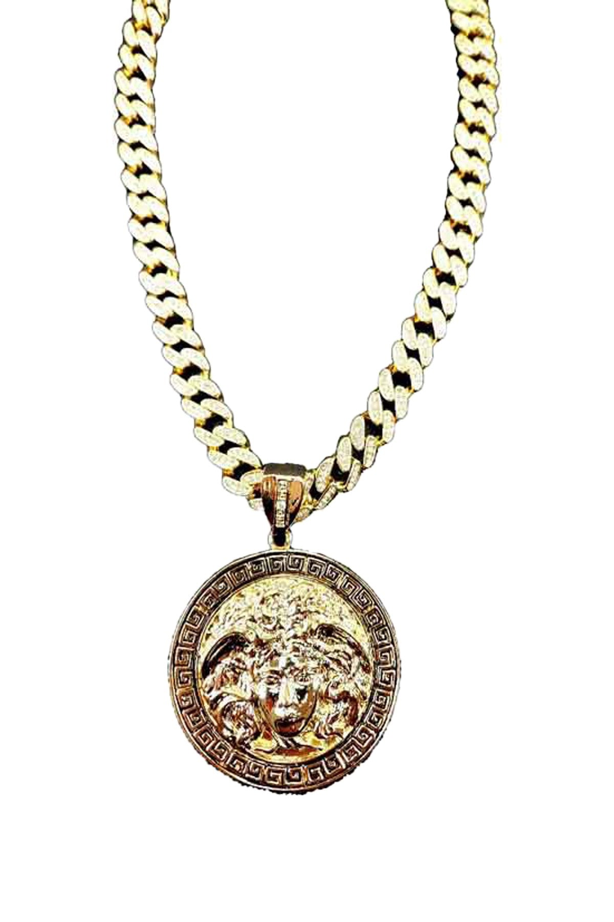 Medusa Pendant Cuban Chain Necklace featuring a 2.5" Medusa pendant on a stylish Cuban chain.