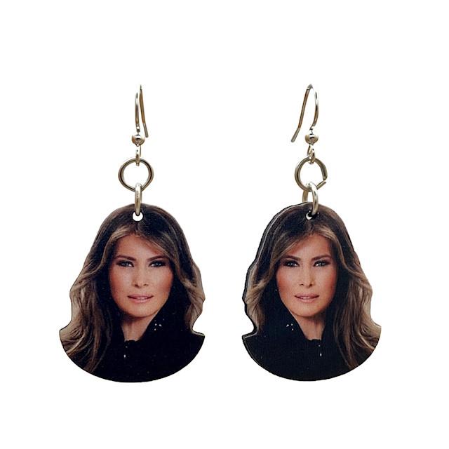 Melania Trump Earrings #T089 featuring laser-cut wood design with silver-finished stainless steel ear wires, showcasing a unique image on the front.