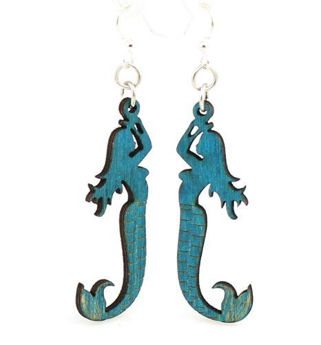 A pair of vibrant Aqua Marine Mermaid Earrings made from lightweight wood, featuring hypoallergenic stainless steel ear wires, displayed on recycled cards.