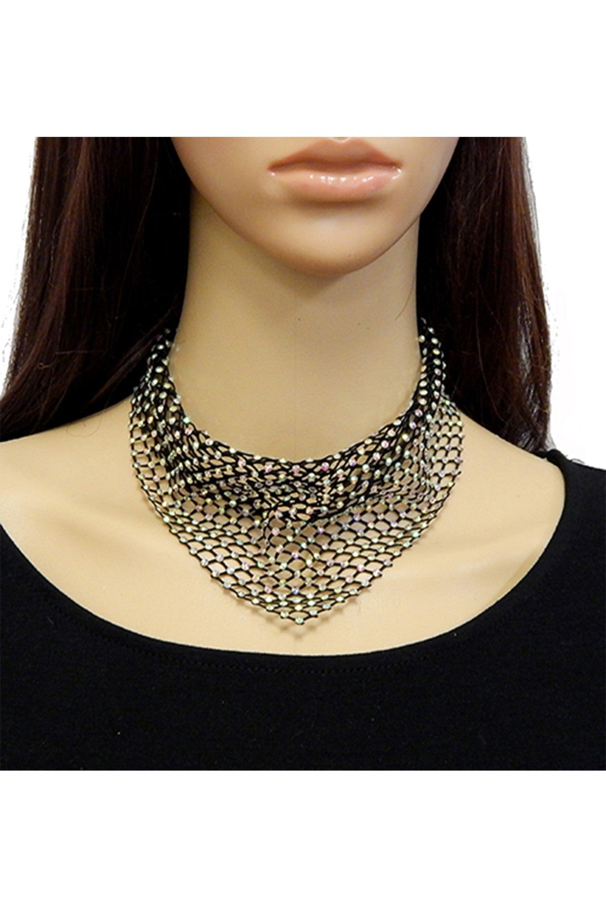 A beautiful Mesh Rhinestone Bib Necklace featuring a mesh design with sparkling rhinestones, secured with a lobster claw clasp.