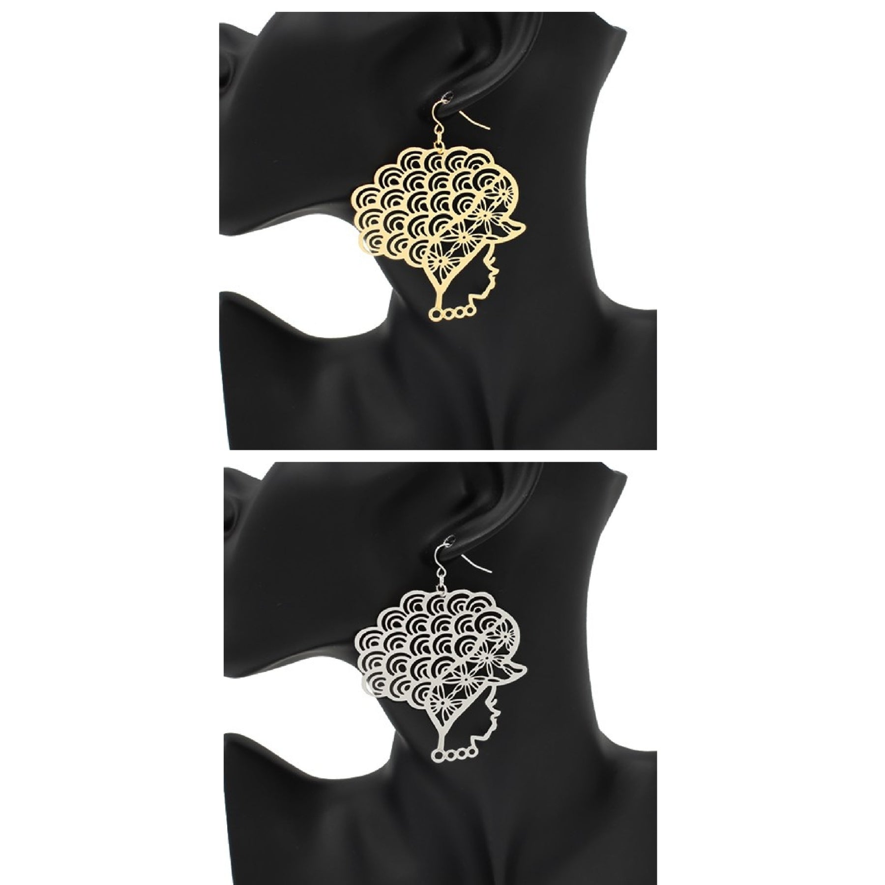 Stylish Metal Afro Lady Earrings with fish hook design, showcasing a unique afro lady silhouette.