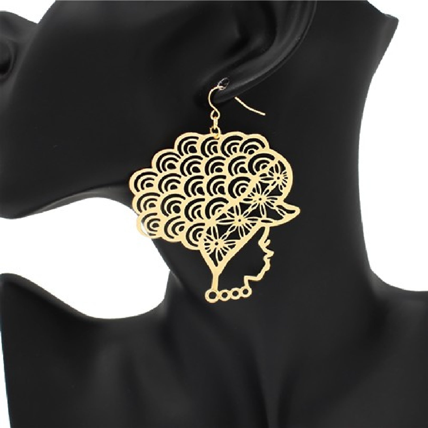 Stylish Metal Afro Lady Earrings with fish hook design, showcasing a unique afro lady silhouette.