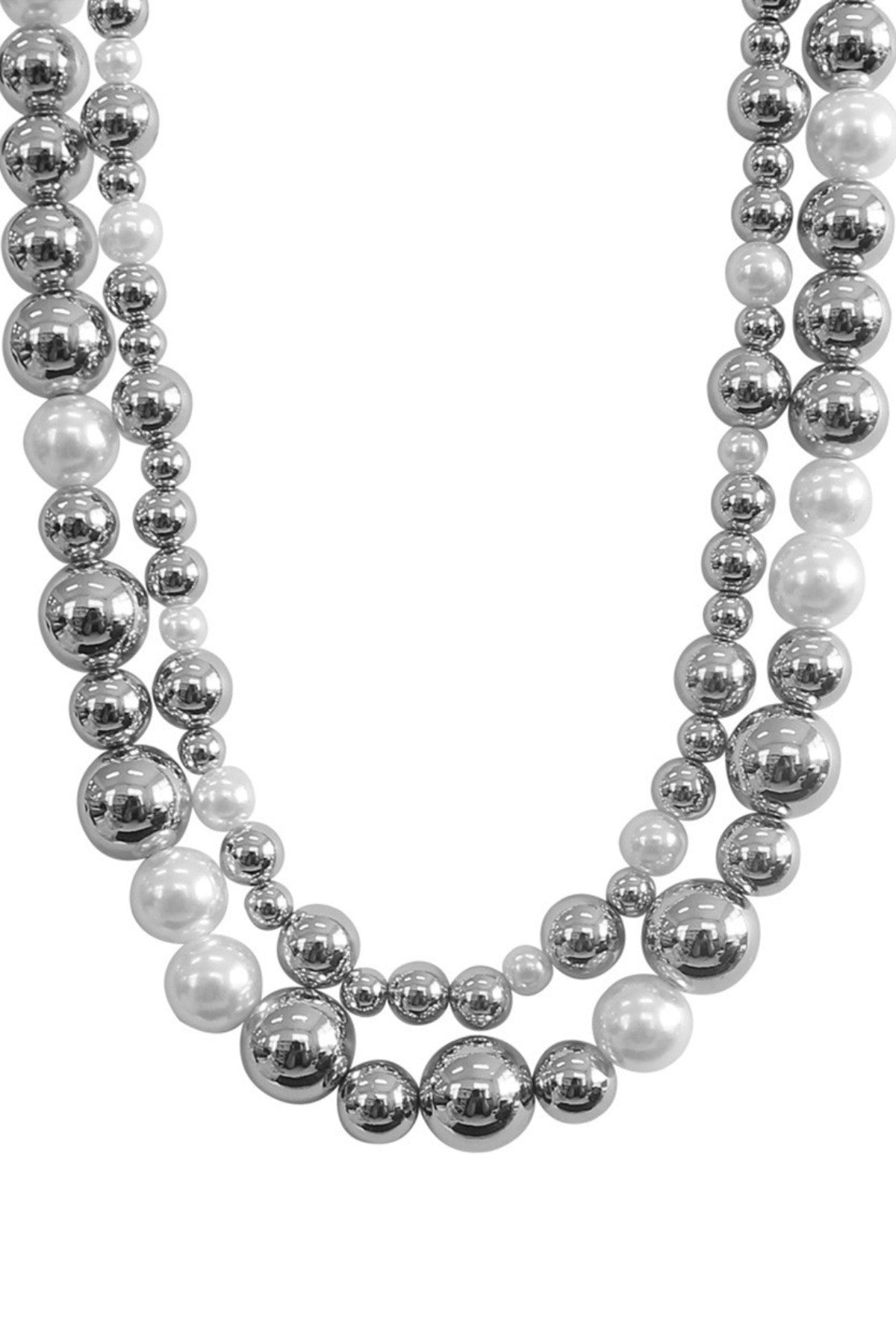 A stylish Metal Bead & Pearl Necklace featuring a combination of shiny metal beads and elegant pearls, showcasing its adjustable length and lobster claw clasp.