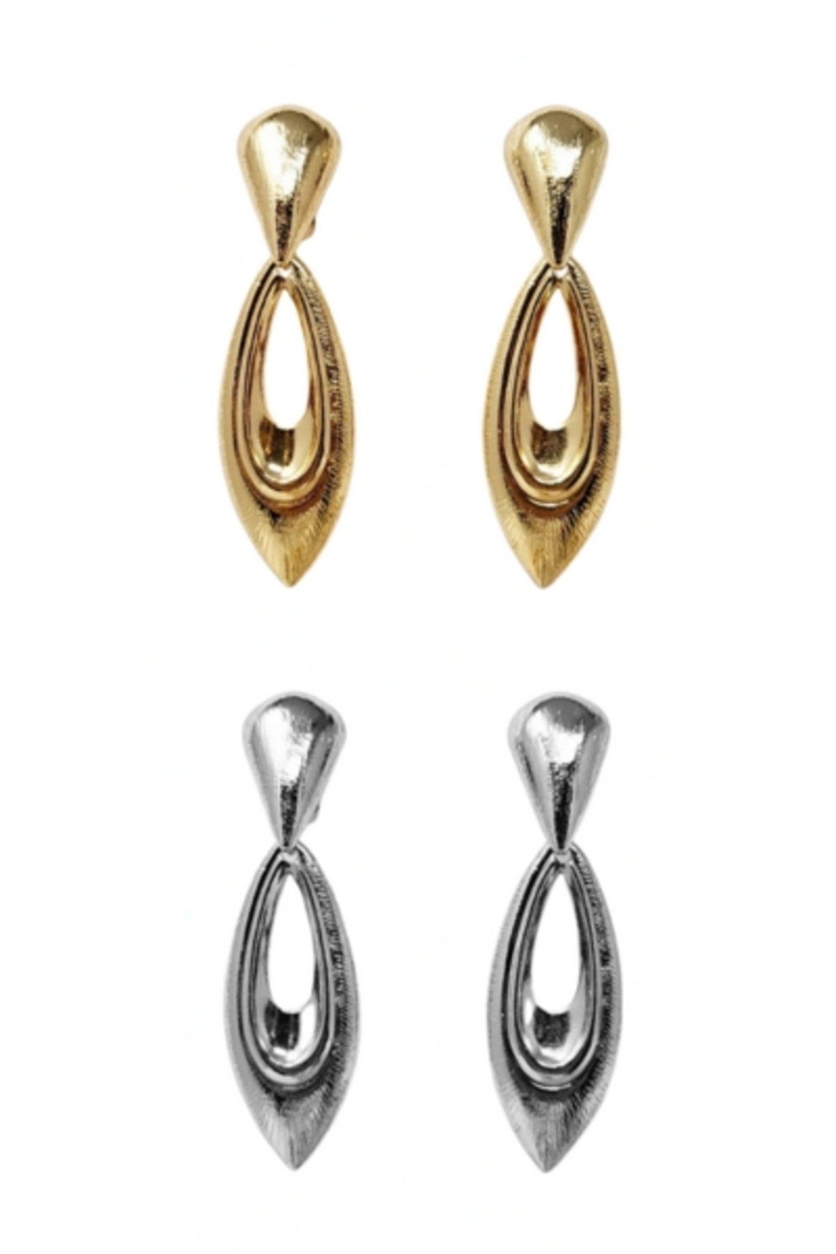 Elegant metal dangle clip-on earrings with a 3-inch drop, showcasing a stylish design suitable for any occasion.