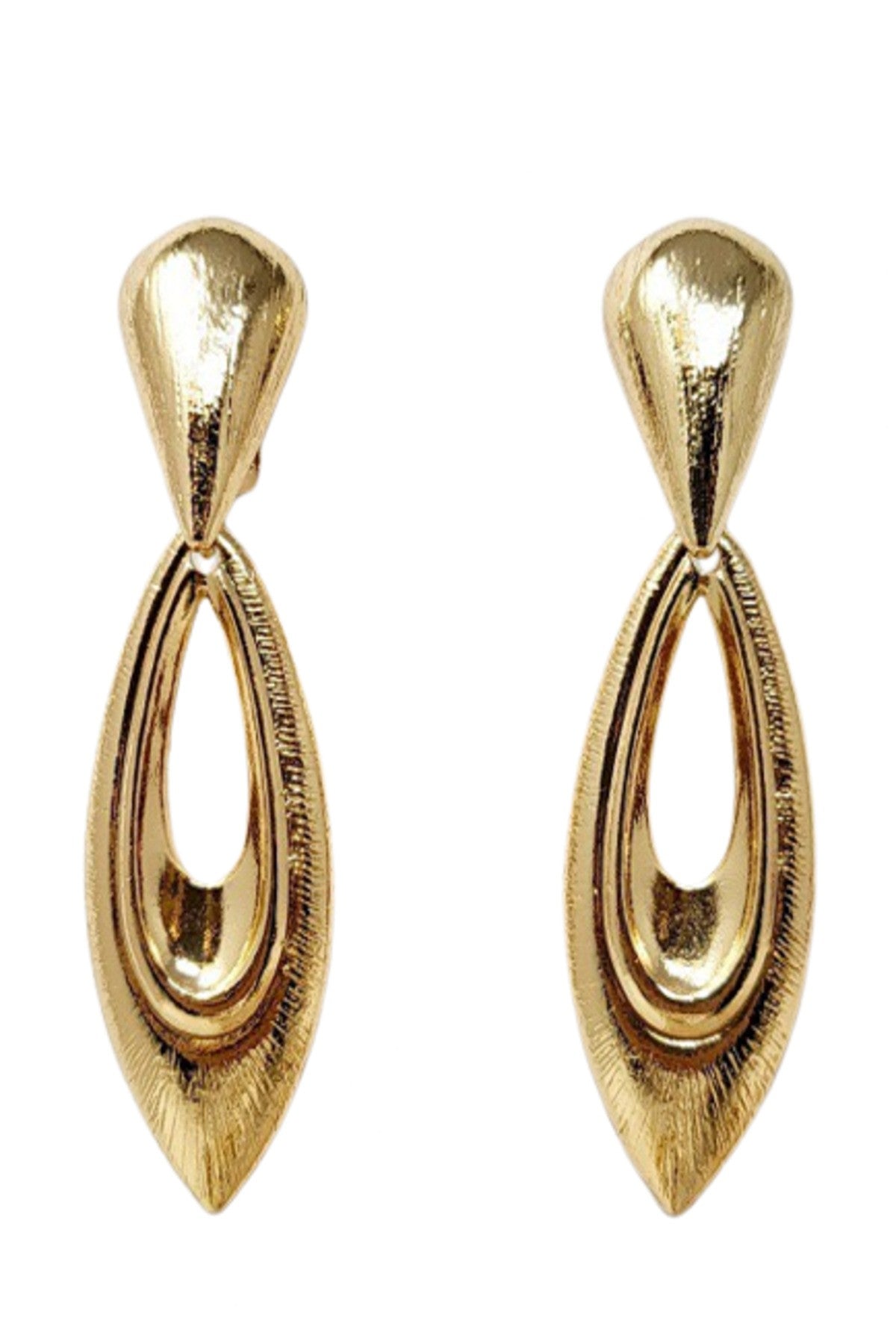 Elegant metal dangle clip-on earrings with a 3-inch drop, showcasing a stylish design suitable for any occasion.