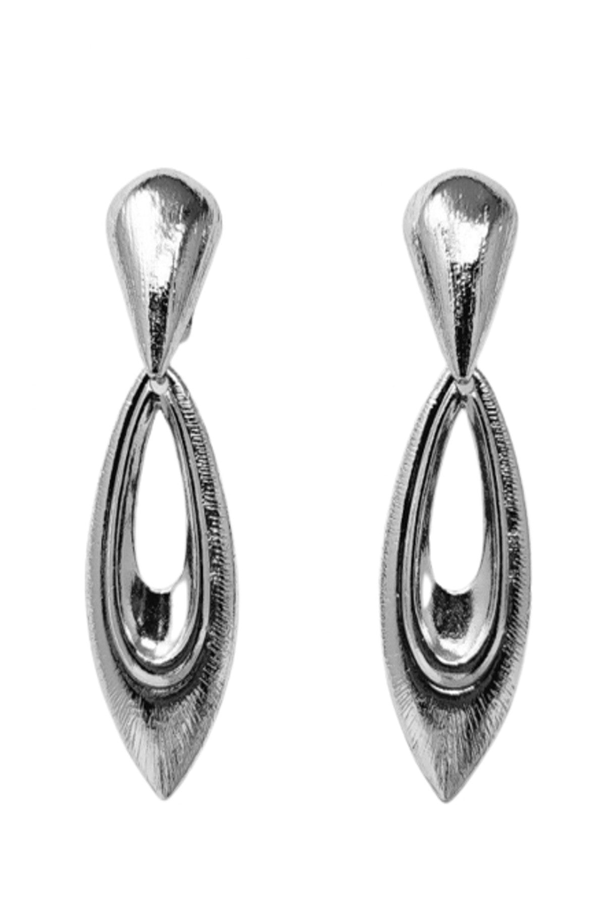 Elegant metal dangle clip-on earrings with a 3-inch drop, showcasing a stylish design suitable for any occasion.