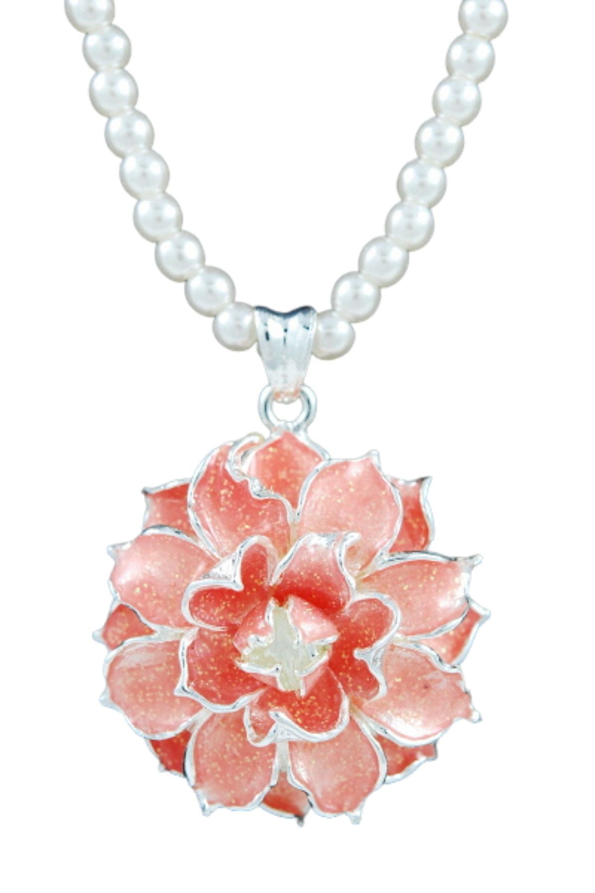 A stylish metal flower pendant necklace with a 31-inch chain and lobster claw clasp, featuring a delicate floral design.