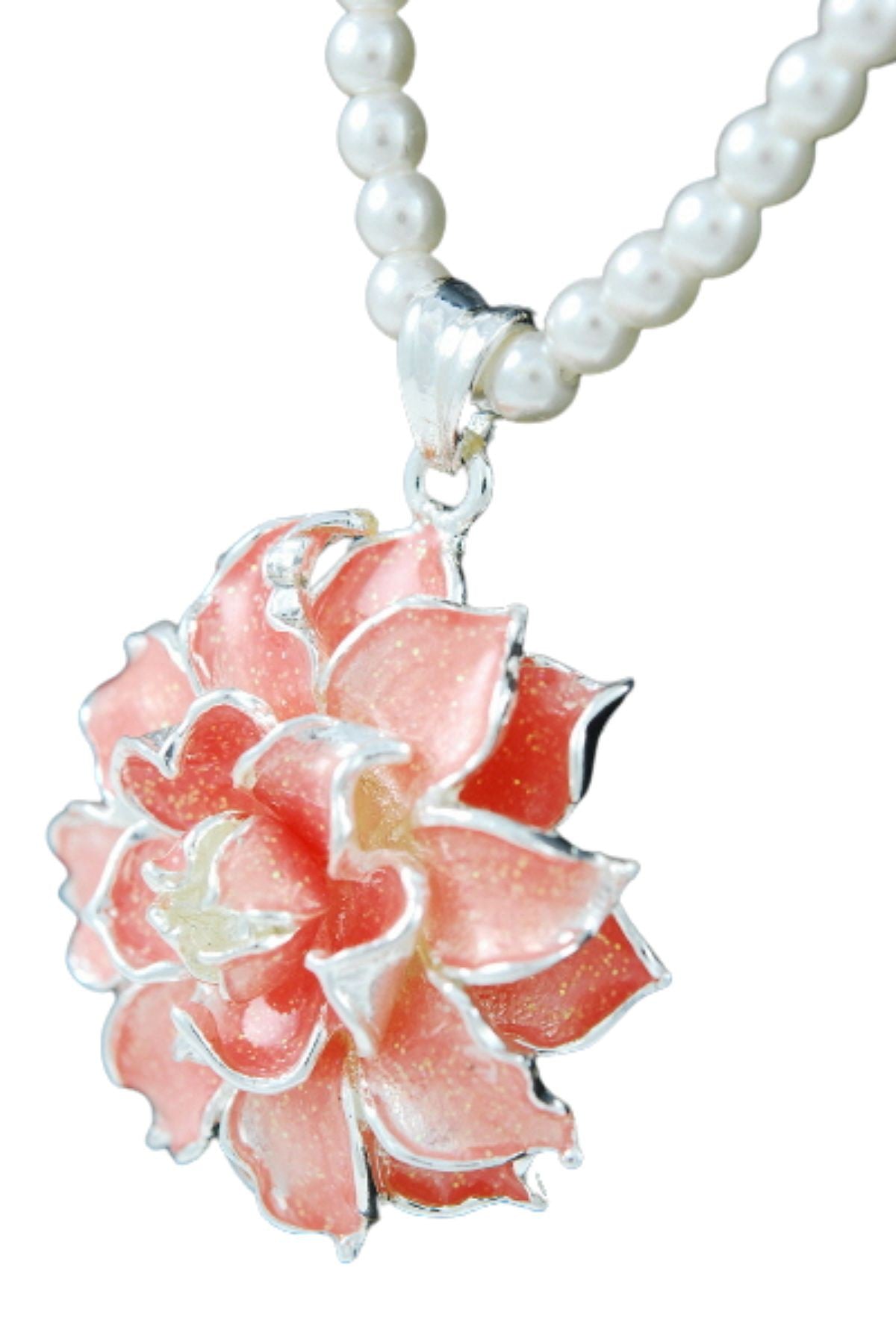 A stylish metal flower pendant necklace with a 31-inch chain and lobster claw clasp, featuring a delicate floral design.