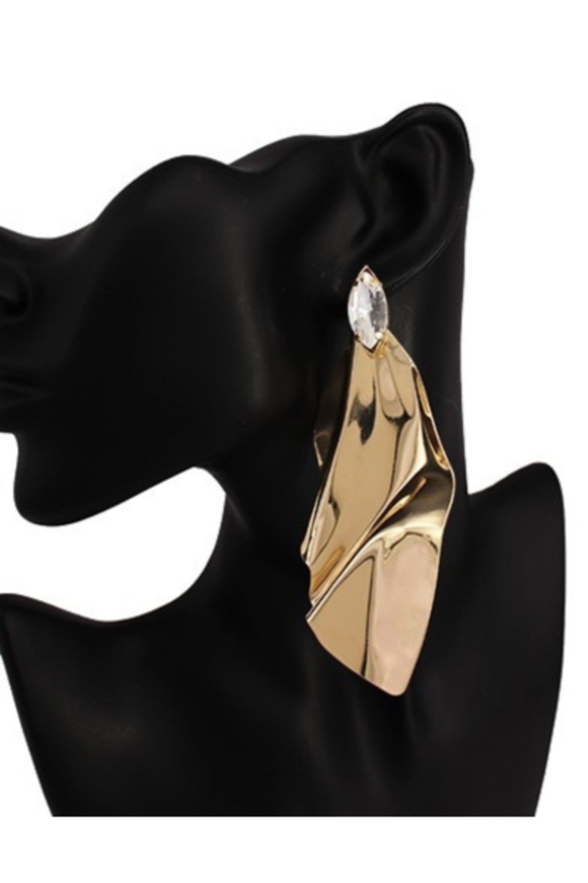 Metal hammered long leaf shape post earrings with stone accents, showcasing a unique design and elegant finish.