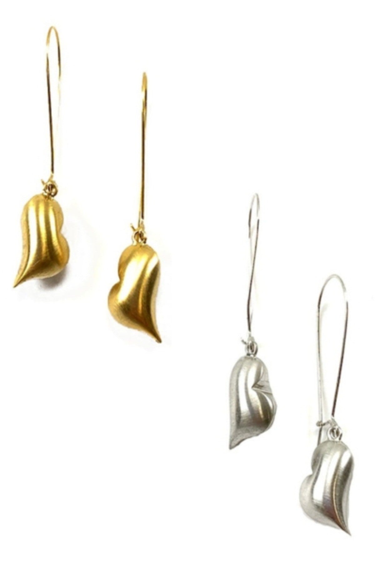 Elegant metal heart drop earrings with fish hook ear wire, showcasing a stylish design.