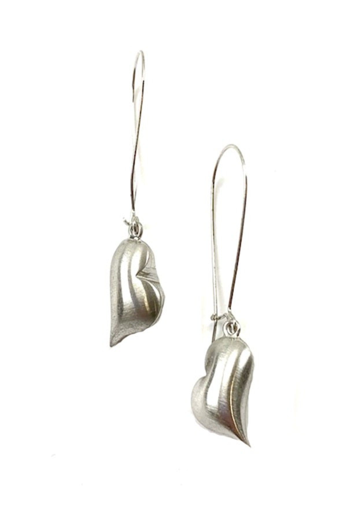 Elegant metal heart drop earrings with fish hook ear wire, showcasing a stylish design.