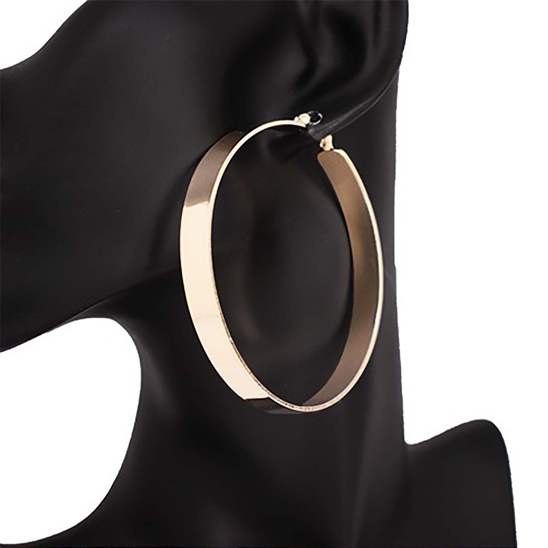 A pair of stylish metal hoop earrings with a 2.5" diameter, showcasing their sleek design and latch back closure.