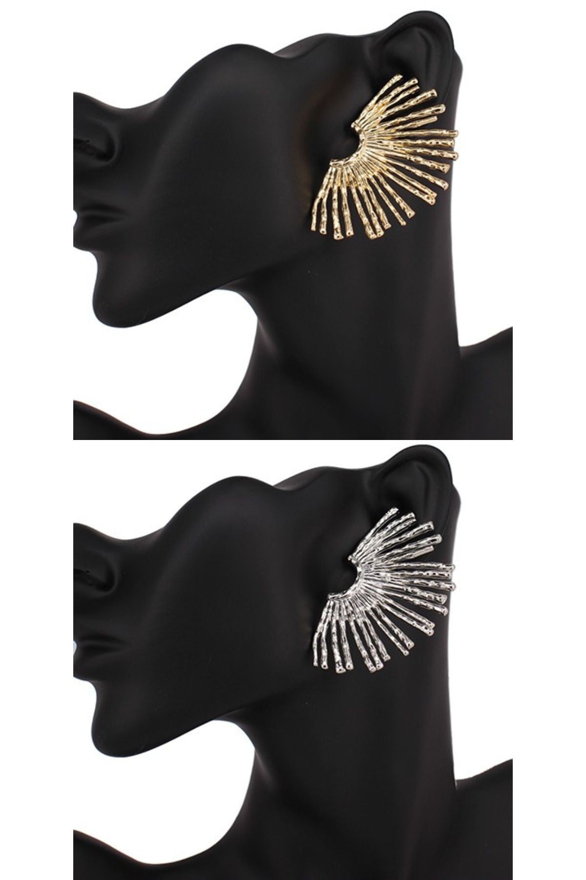 Elegant metal post earrings with a 2.5-inch drop, showcasing a modern design.