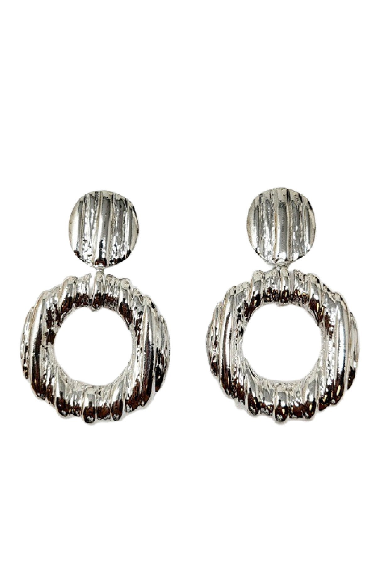 Stylish Metal Ring Dangle Earrings with a 2.5-inch drop and 1.5-inch ring size, featuring a clip-on design.