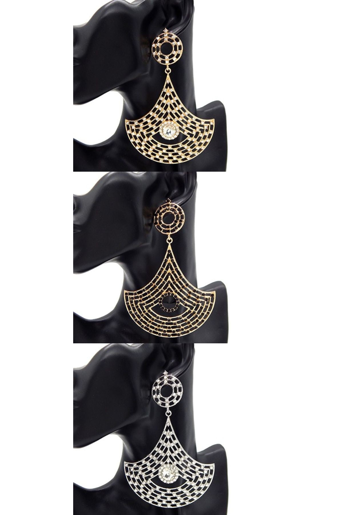 Elegant metal chandelier dangle earrings with rhinestones, showcasing a stunning design perfect for any occasion.