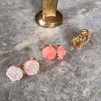 Miami Druzy Earrings featuring white, pink, and gold stones with rose gold, silver, and bronze settings.